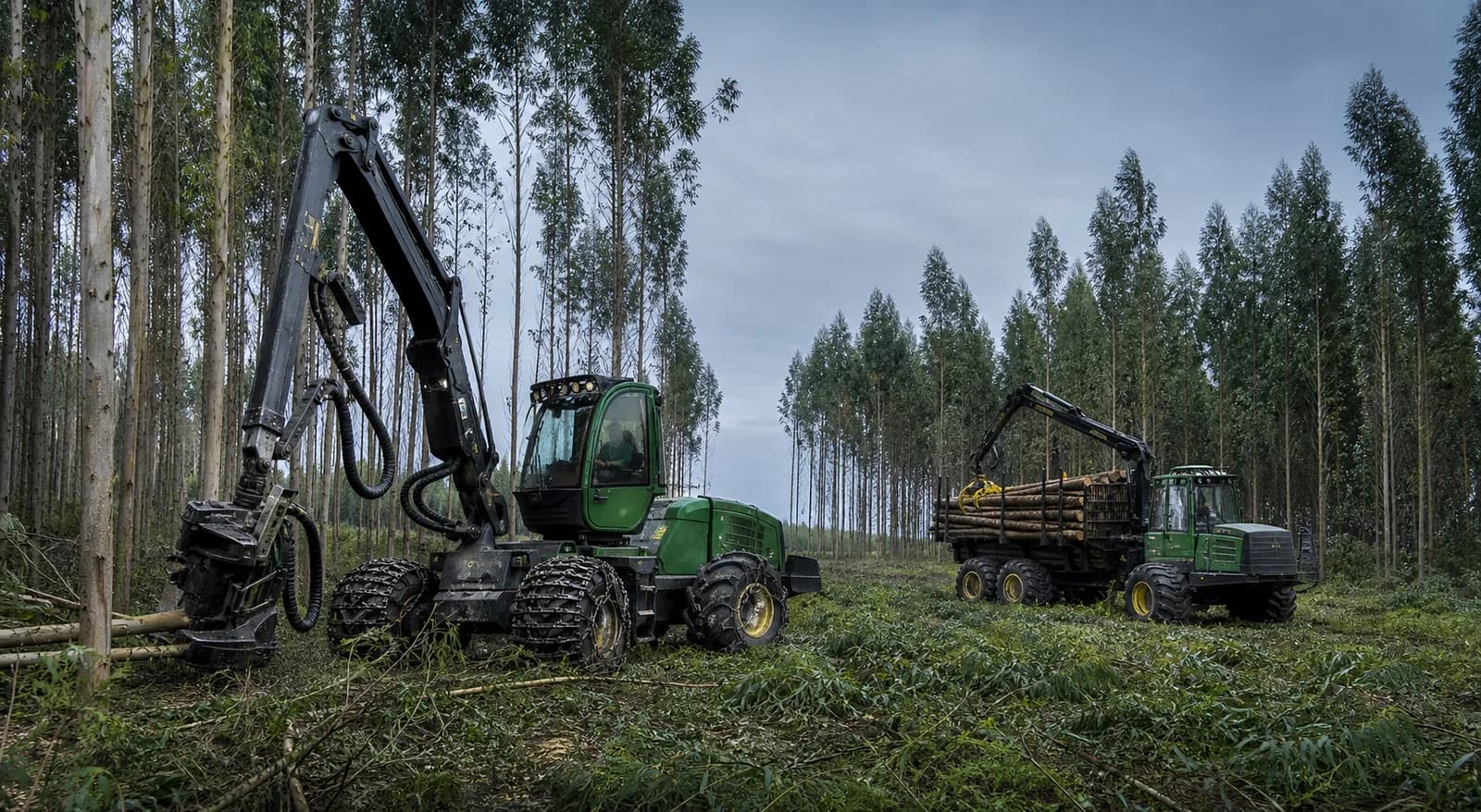 Maquinaria forestal trabajando entre eucaliptos